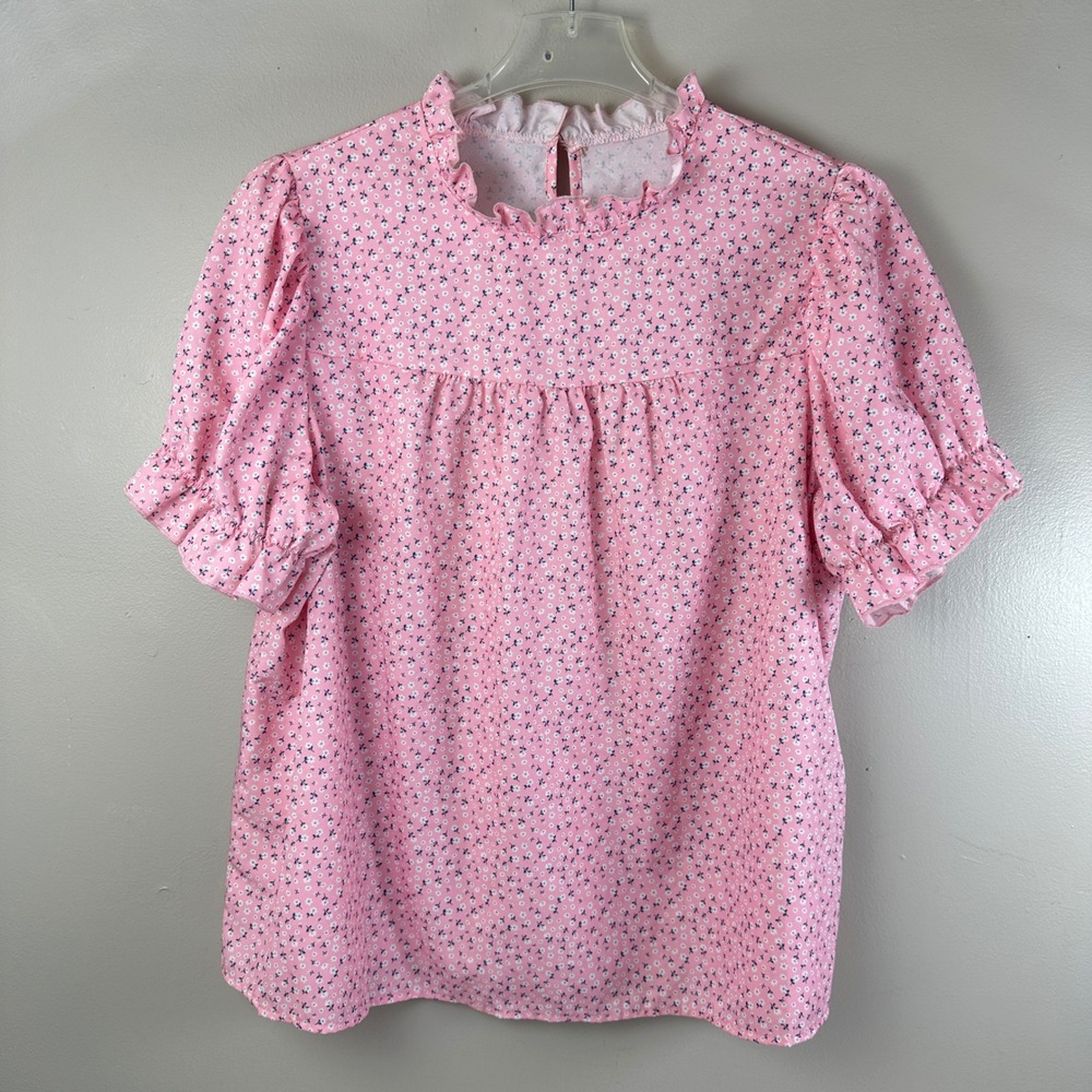 SHEIN CURVE Pink Floral Ruffle Mock Neck Puff Sleeve Blouse Top 2XL cottagecore